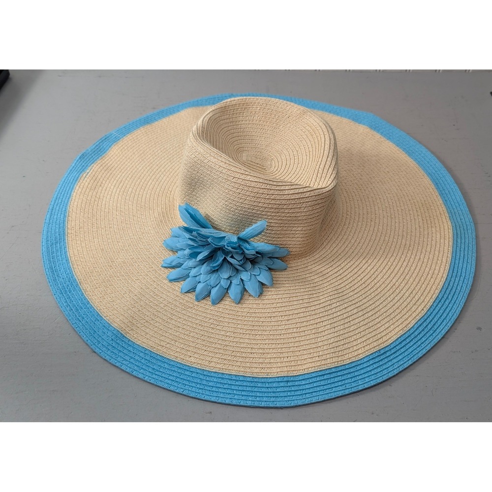 Nine West Wide Brim Floppy Sun Hat‎ Women's Blue Flower Summer Beach Vacation